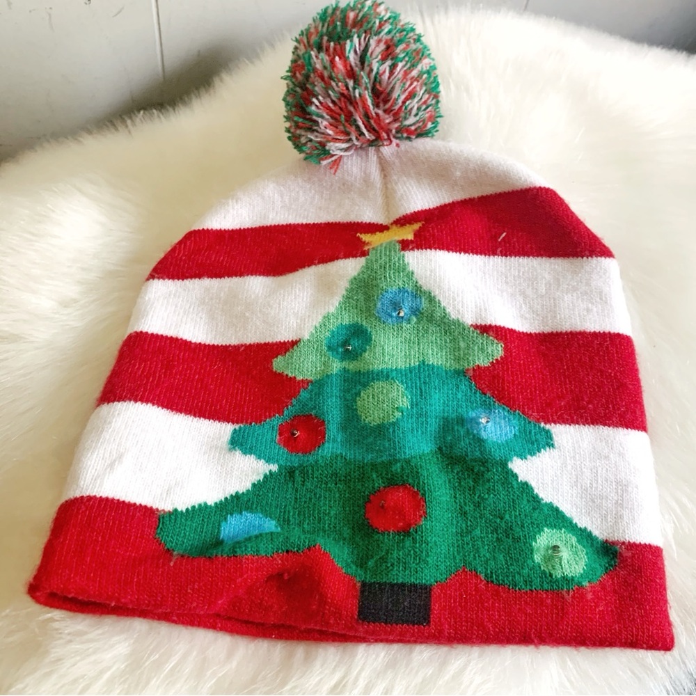 XMAS Striped Knit Woven Light Up Tree Lined Beanie Youth OS